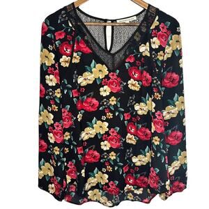 Daniel Rainn Anthro Black Floral Lace Boho Flowy Keyhole Blouse Women's Large